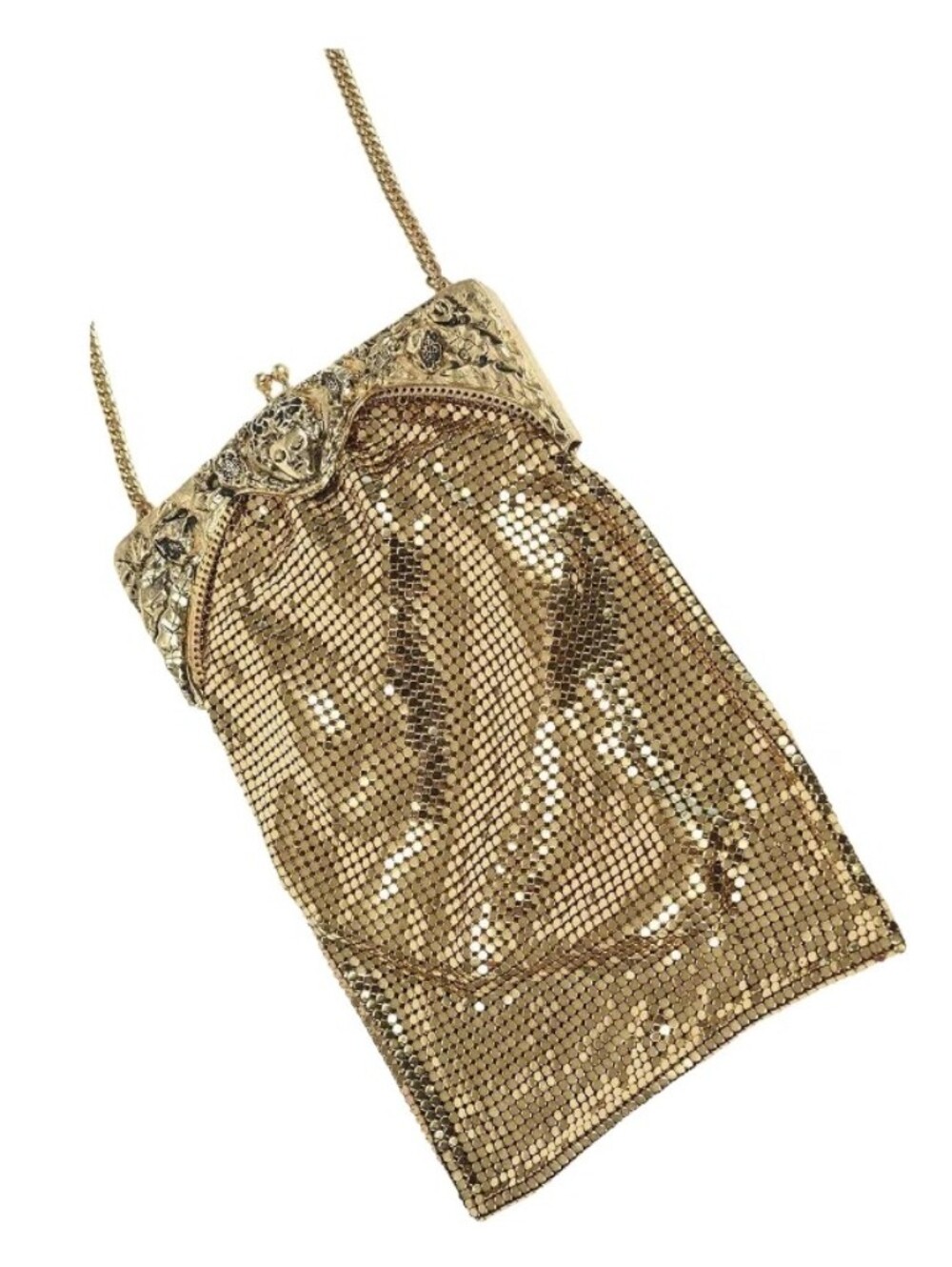 Whiting & Davis Whiting & Davis Figural Face Flower Frame Mesh Gold Evening Bag